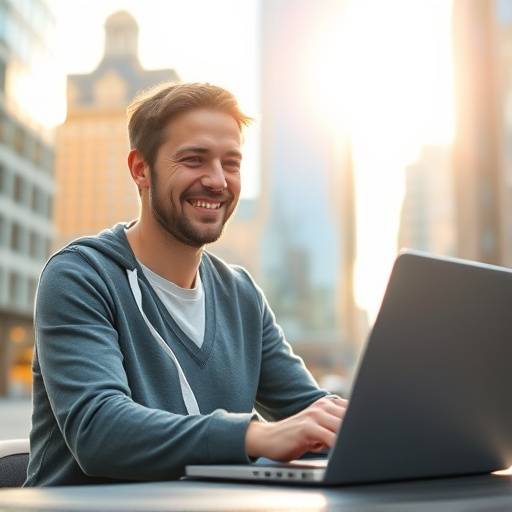 A person happily studying on a laptop with a cityscape view in the background, representing the flexibility of online learning.