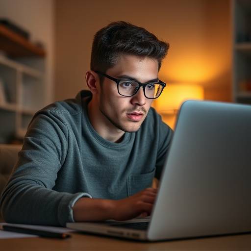 A person working on a laptop with a determined expression, demonstrating how to stay motivated while studying online.