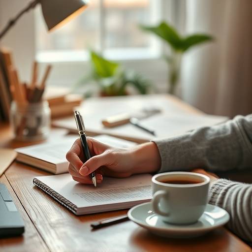 A person writing notes at a desk with books and a cup of coffee, illustrating effective study habits for online learning.
