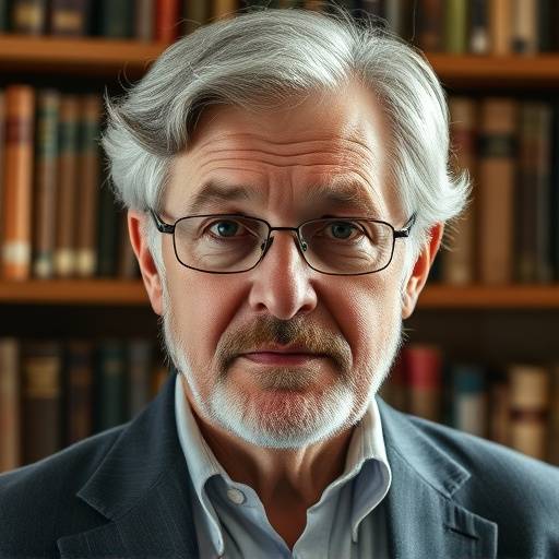 A portrait of Professor Edward Green, an experienced historian with a distinguished look, standing in front of bookshelves.