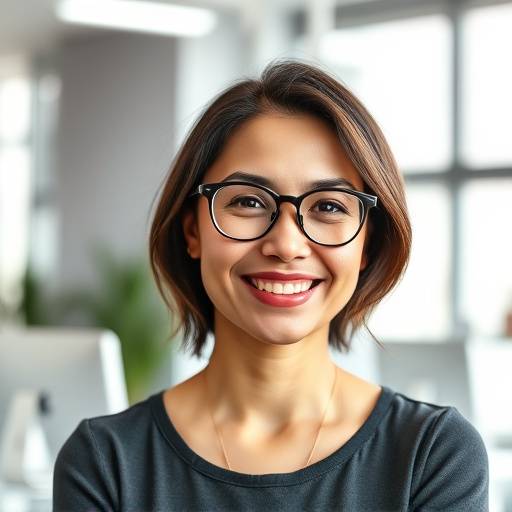 Image of Ms. Chloe Davis, a web development instructor, smiling and wearing glasses in a modern office environment.