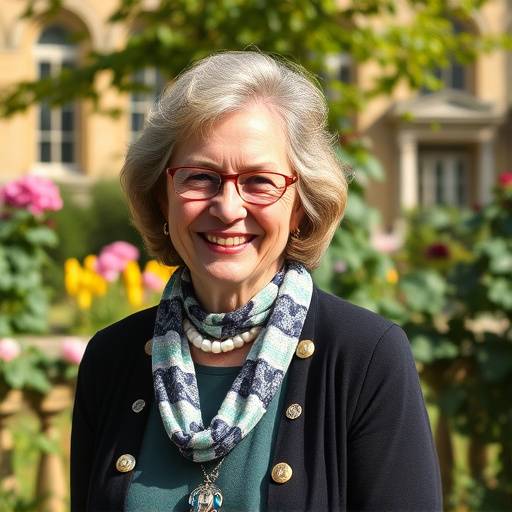Smiling image of Ms. Isabella Wright, a literature professor, standing in the beautiful gardens of a Cambridge college.