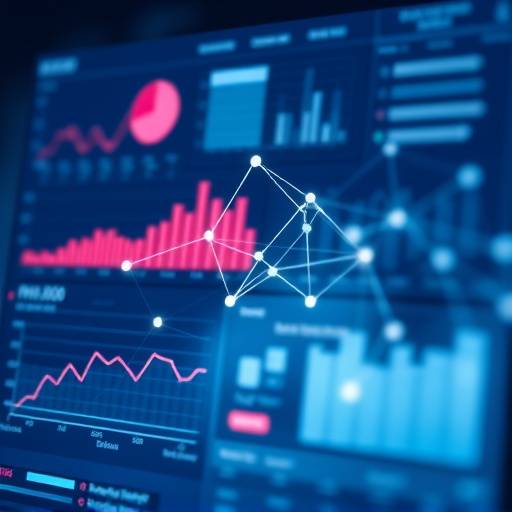 Visual representation of data science with charts, graphs, and connected data points.